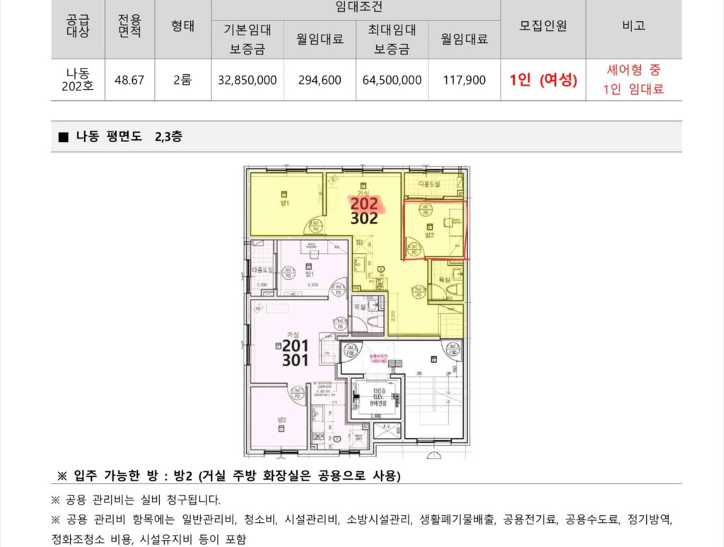 SH 서울주택공사 청년형 특화형 매입임대주택 중 강동구 길동에 위치한 주택의 평면도와 임대조건이다.