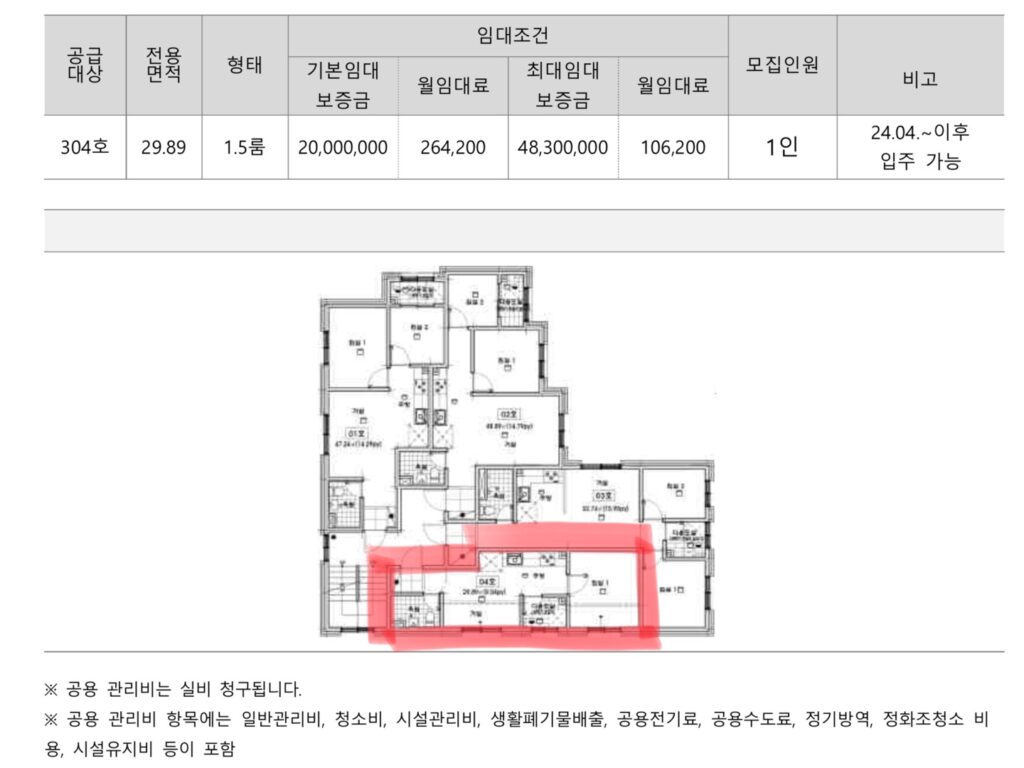 SH 서울주택공사 청년형 특화형 매입임대주택 중 구로구 가리봉동에 위치한 주택의 평면도와 임대조건이다.